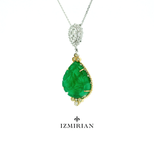 Carved Emerald Drop Diamond Necklace