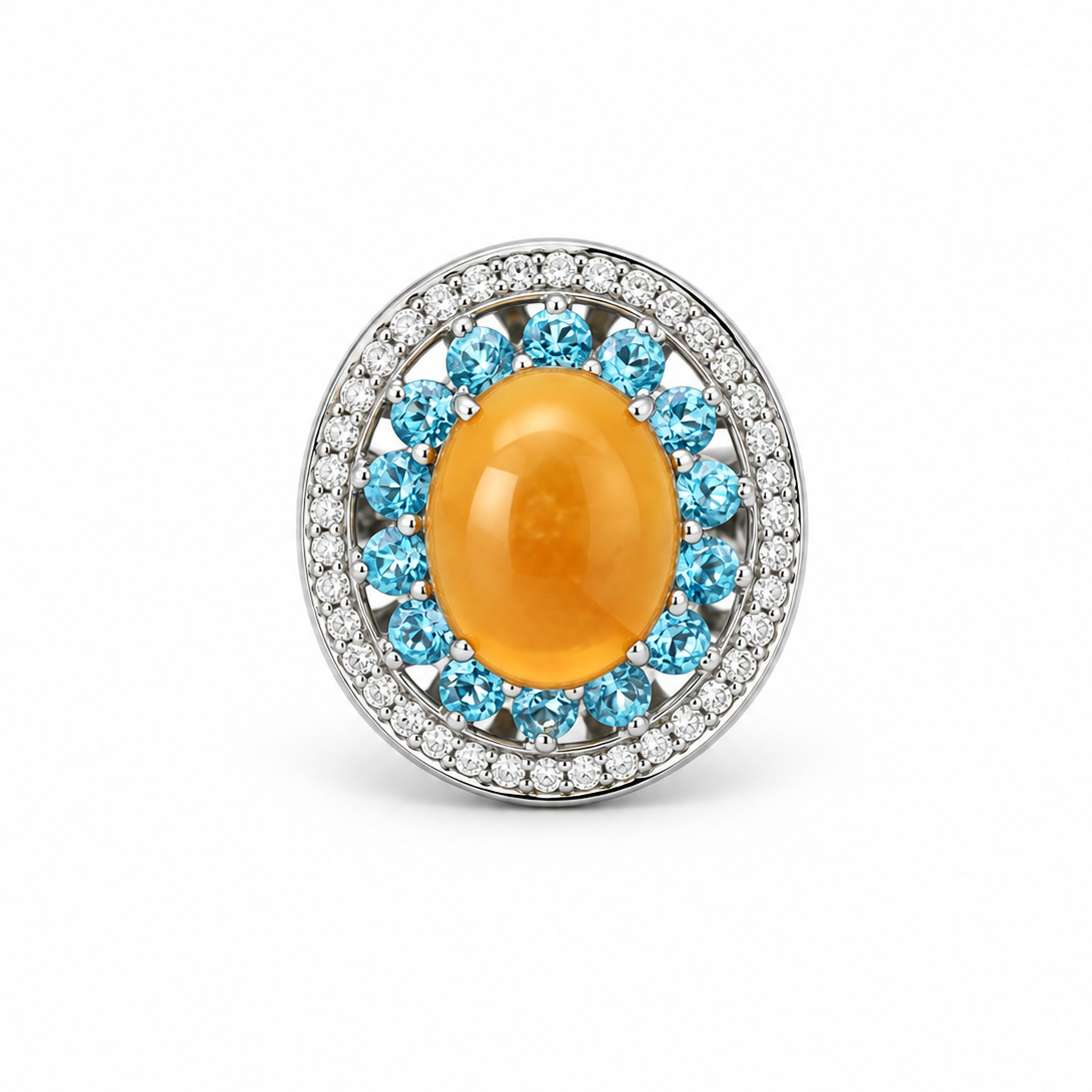 Opal Cabochon Radiant Diamond Ring in white gold
