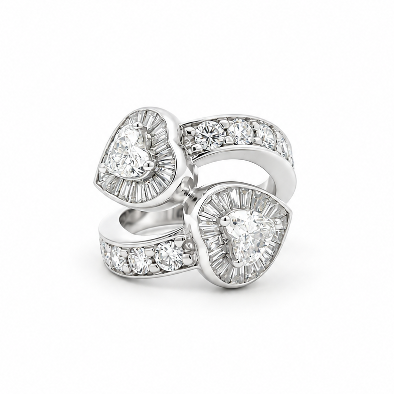 Double Heart Baguette Diamond Wrap Ring in white gold