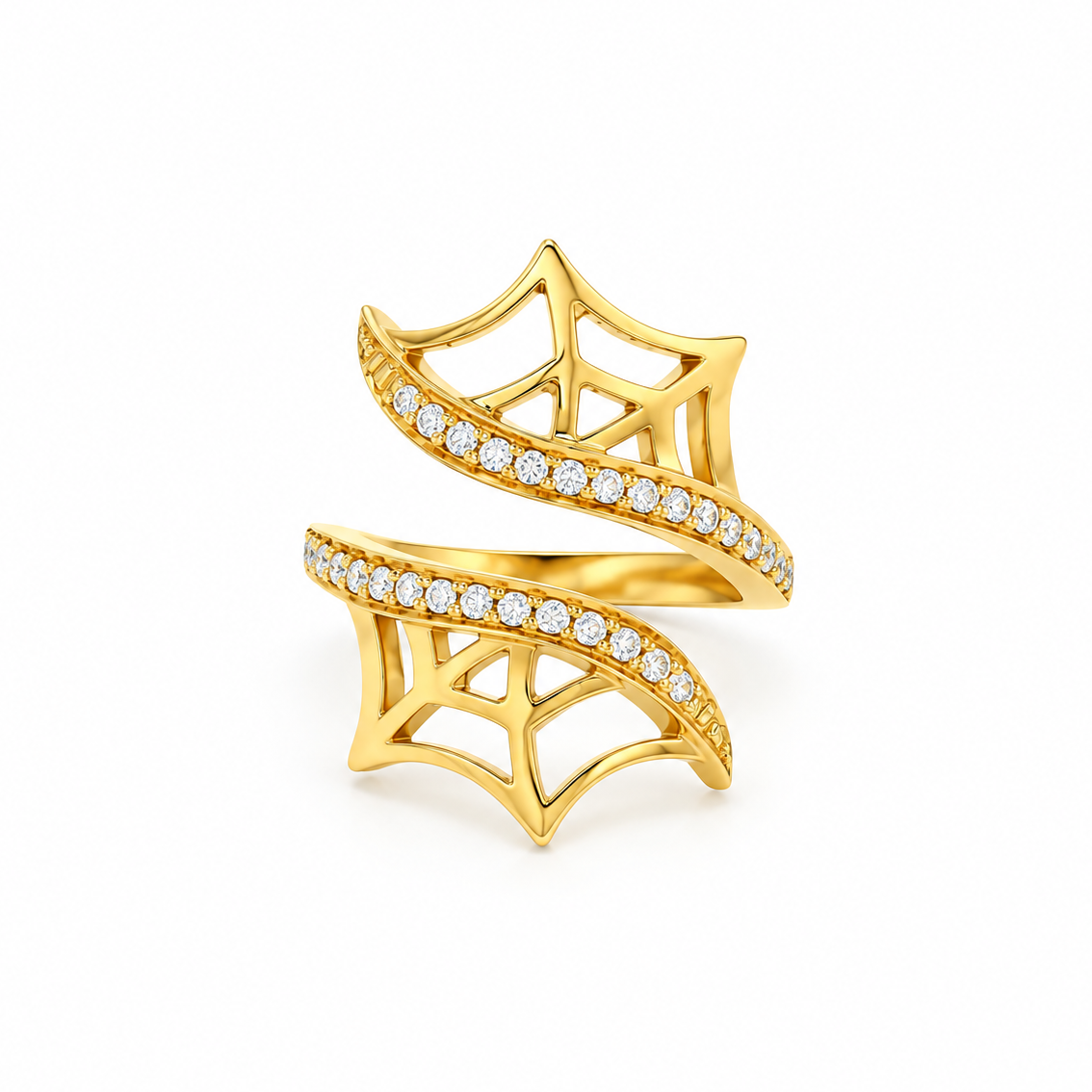 A gold spiderweb-themed ring featuring two curved bands with open spiderweb motifs and rows of clear stones, photographed on a clean white background.