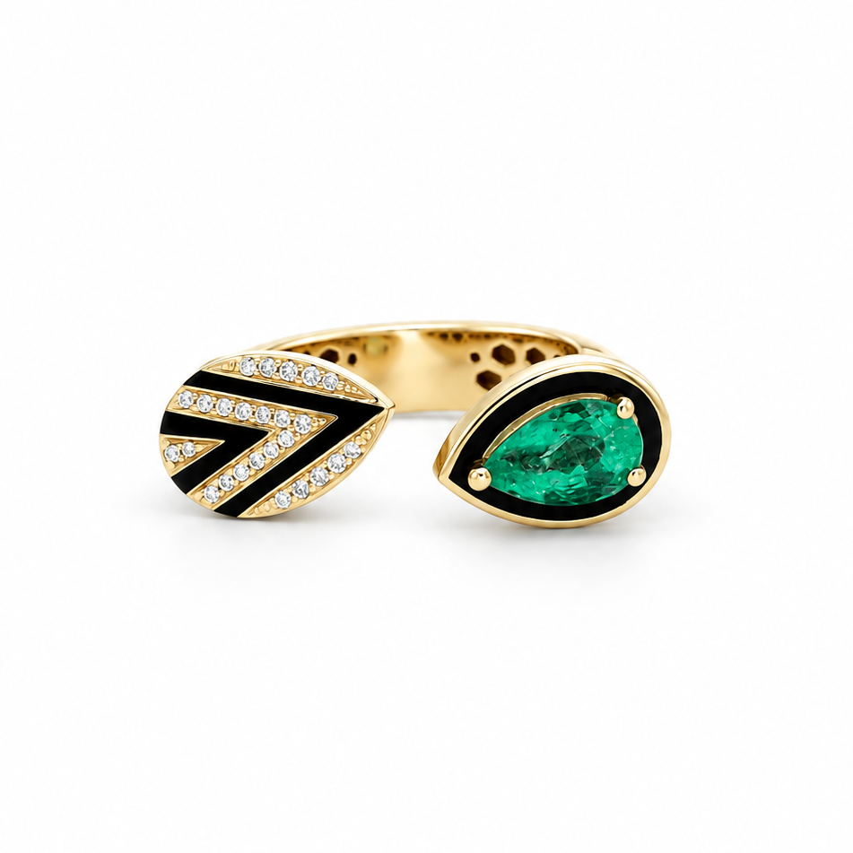 Emerald and Diamond Open Cuff Ring in yellow gold