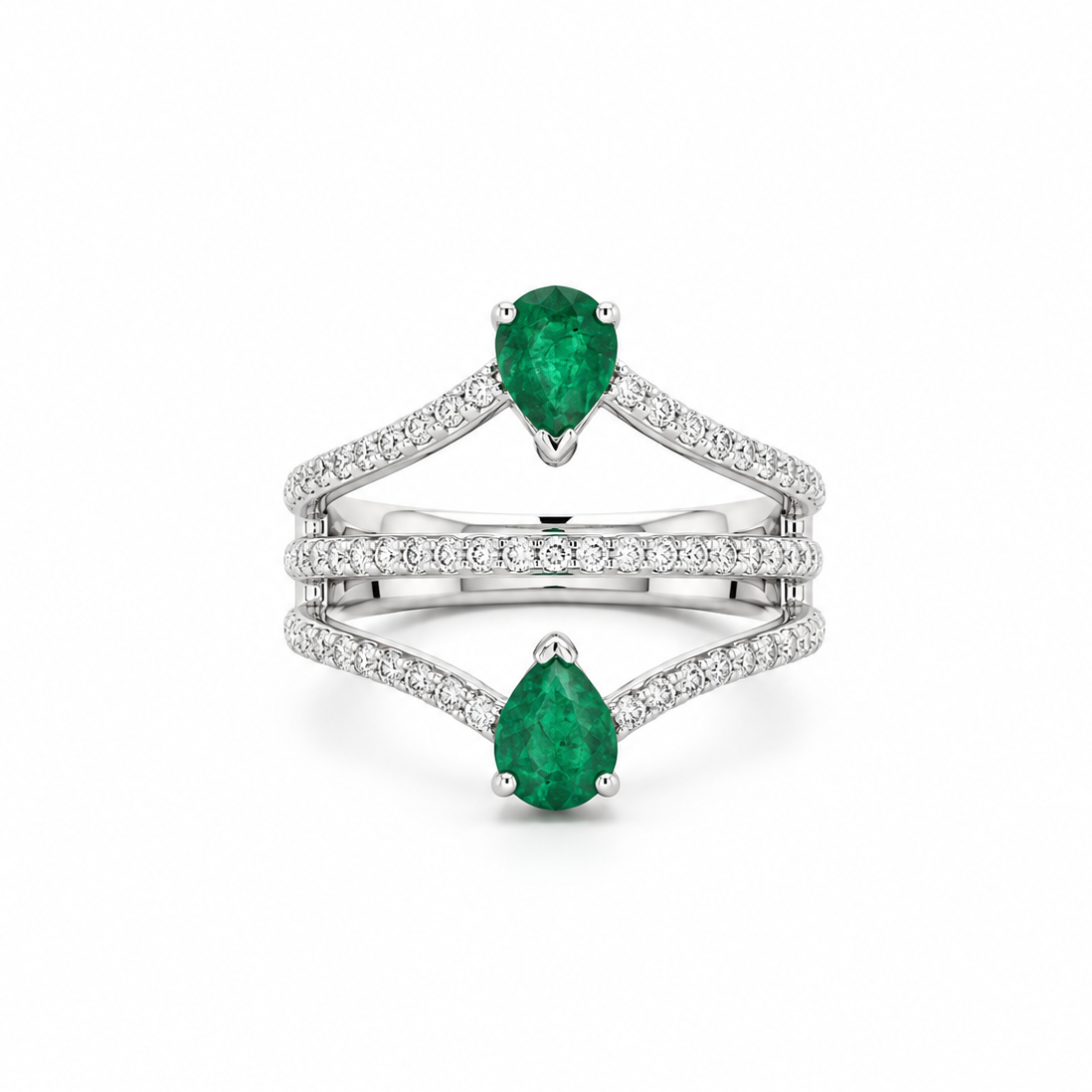 Emerald Double Pear Pavé Diamond Ring in white gold