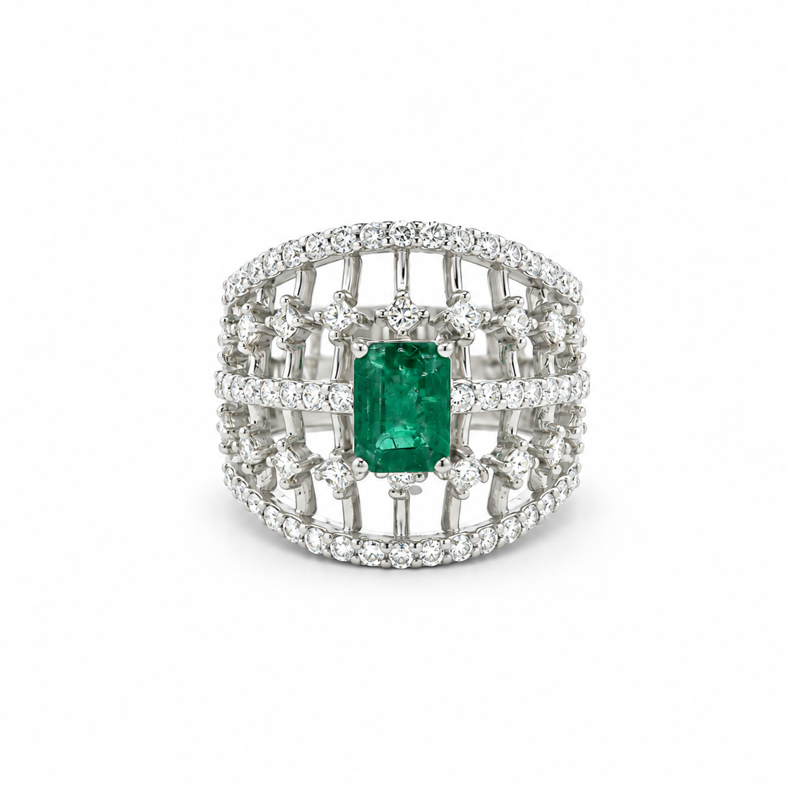 Emerald Cage Statement Ring in white gold