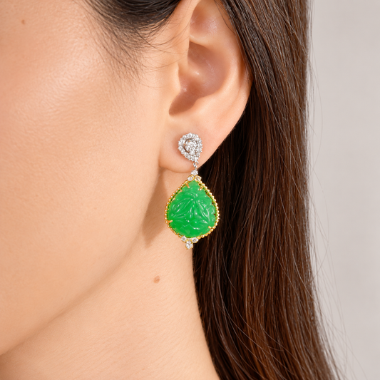 Carved Emerald Drop Diamond Earrings