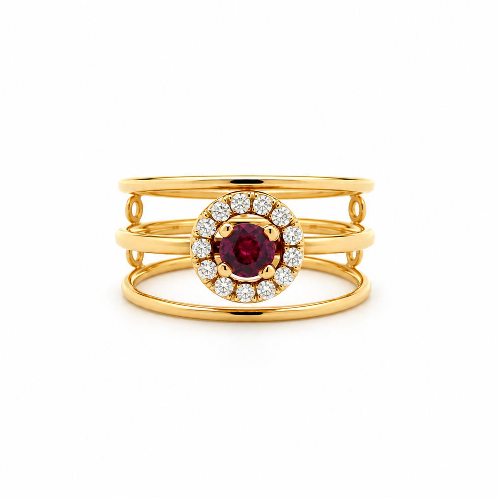 Ruby Halo Tiered Diamond Ring in rose gold