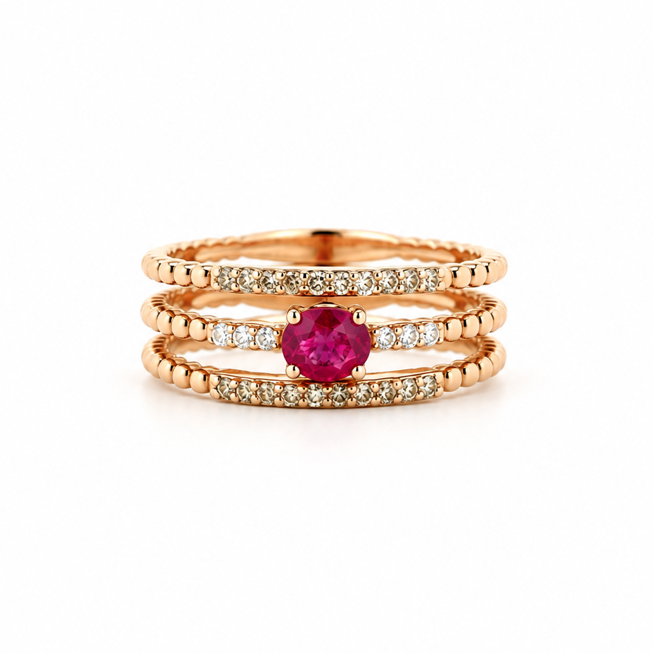 Three Row Ruby Diamond Ring in rose gold