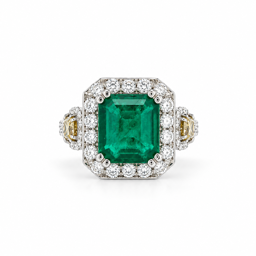 Emerald and Diamond Halo Ring in white gold