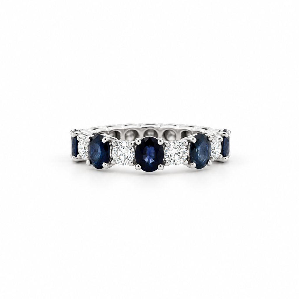 Blue Sapphire and Diamond Alternating Eternity Band in white gold