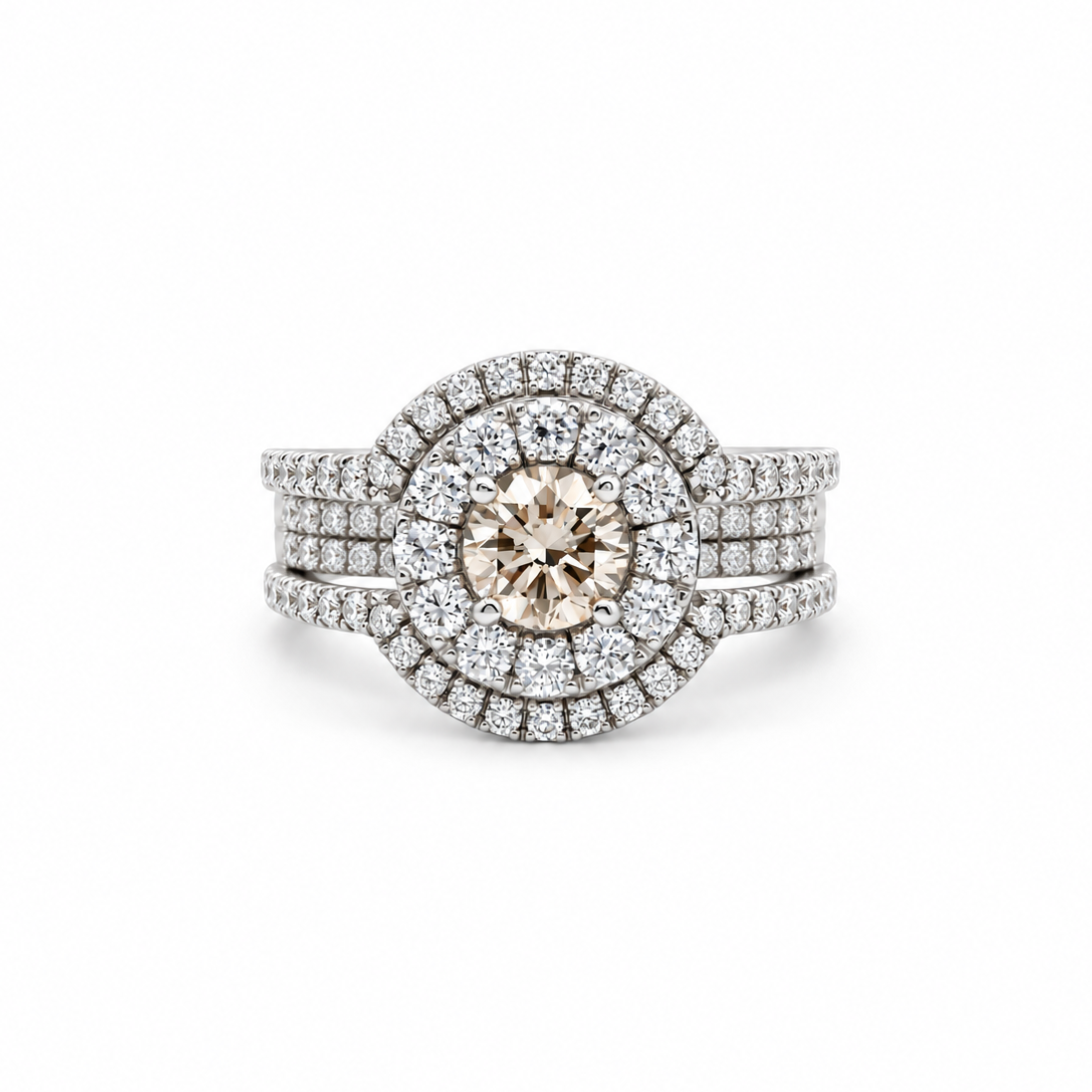 Champagne Diamond Double-Halo Ring in white gold