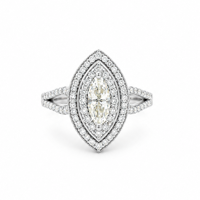 Marquise Diamond Double Halo Ring in white gold
