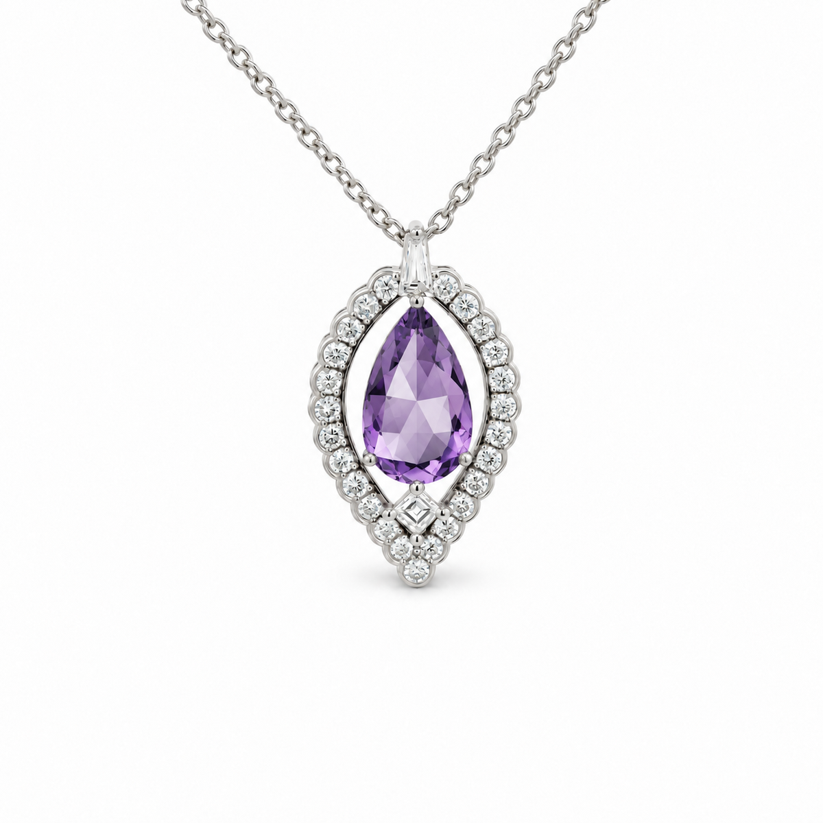 Pear Amethyst Diamond Halo Necklace