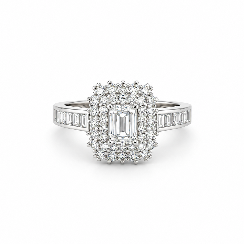Emerald-Cut Diamond Halo Ring in white gold