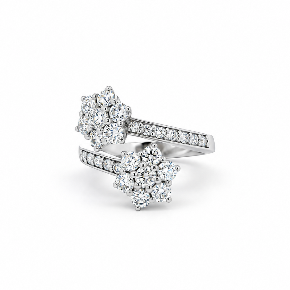 Double Diamond Flower Open Ring in white gold