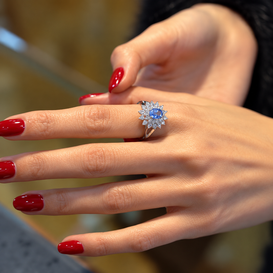 Blue Sapphire Floral Halo Ring