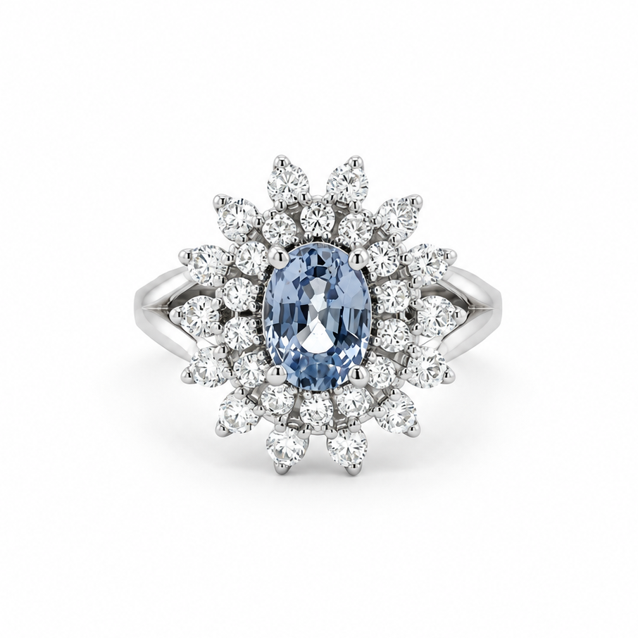 Blue Sapphire Floral Halo Ring in white gold