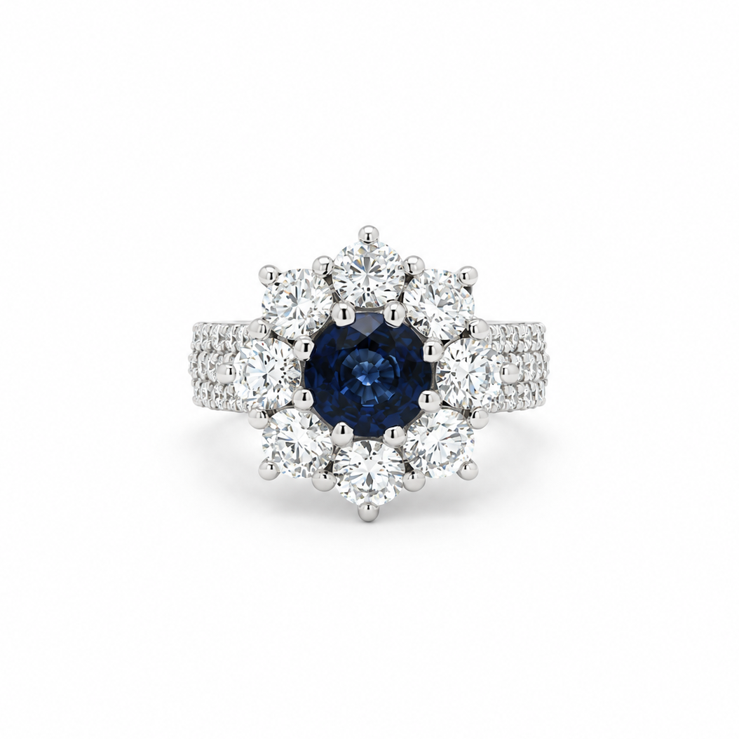 Blue Sapphire and Diamond Cluster Ring in white gold
