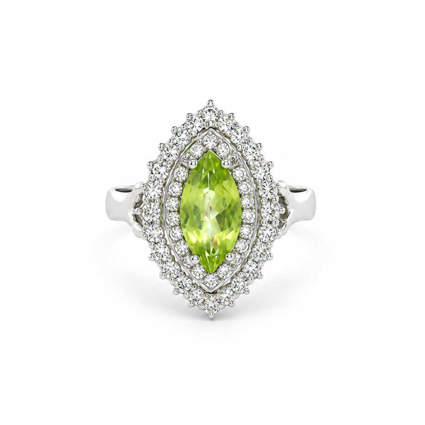 Marquise Peridot Halo Diamond Ring in white gold