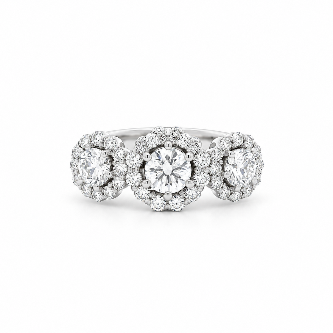 Three Halo Diamond Ring in white gold