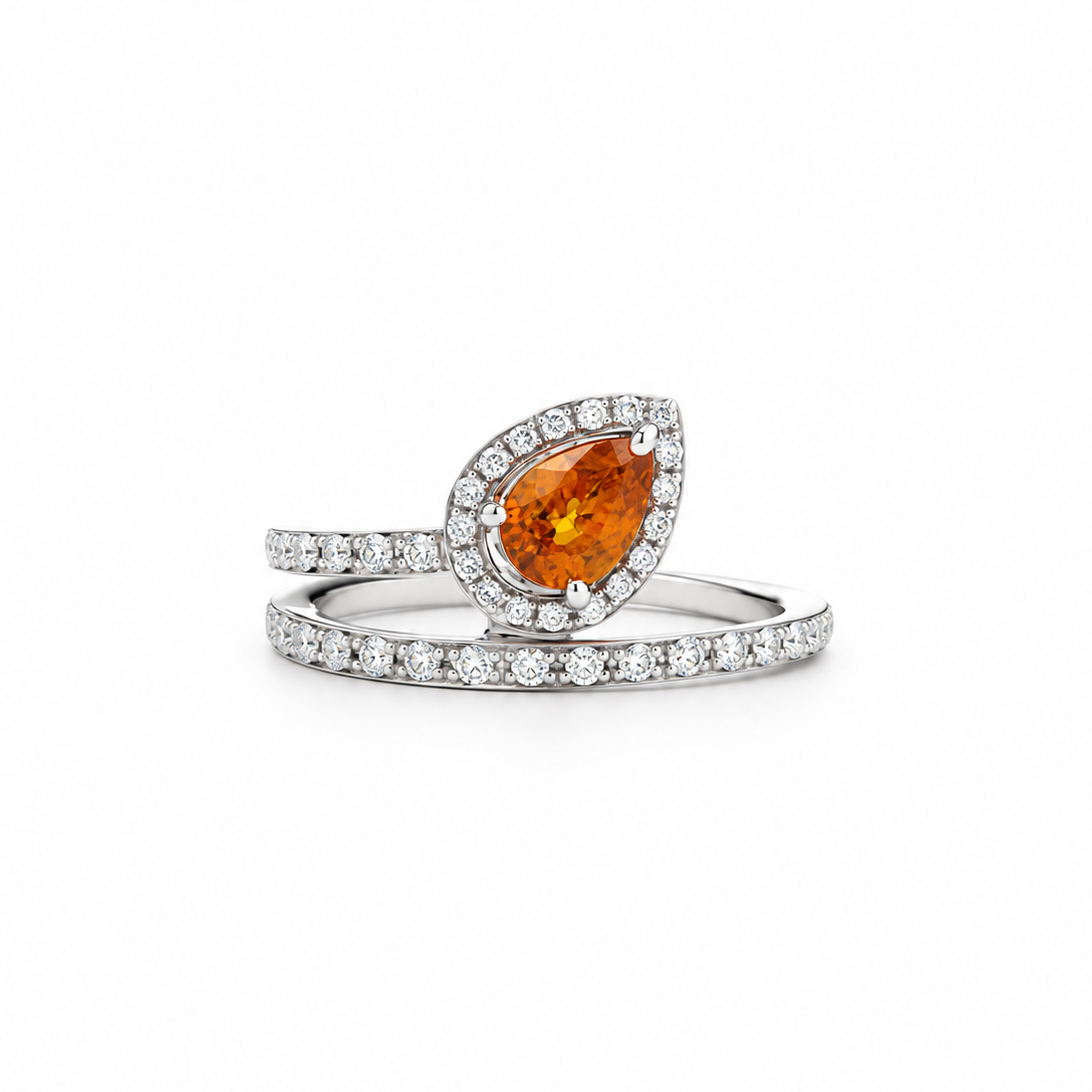 Pear-Shaped Orange Sapphire Pavé Diamond Ring in white gold