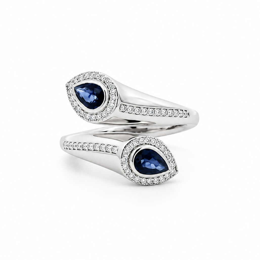 Teardrop Sapphire Twin Diamond Ring in white gold