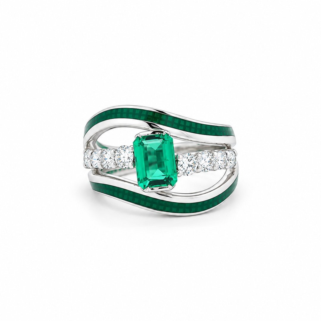 Enamel Wave Emerald Ring in white gold