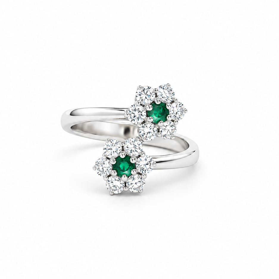 Double Emerald Flora Diamond Ring in white gold