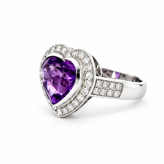 Heart-Shaped Amethyst Diamond Halo Ring by Izmirian Jewellery