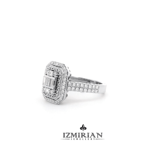 Angled view of baguette diamond ring with layered halo design