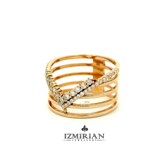Angled view of diamond chevron multi-band ring in yellow gold