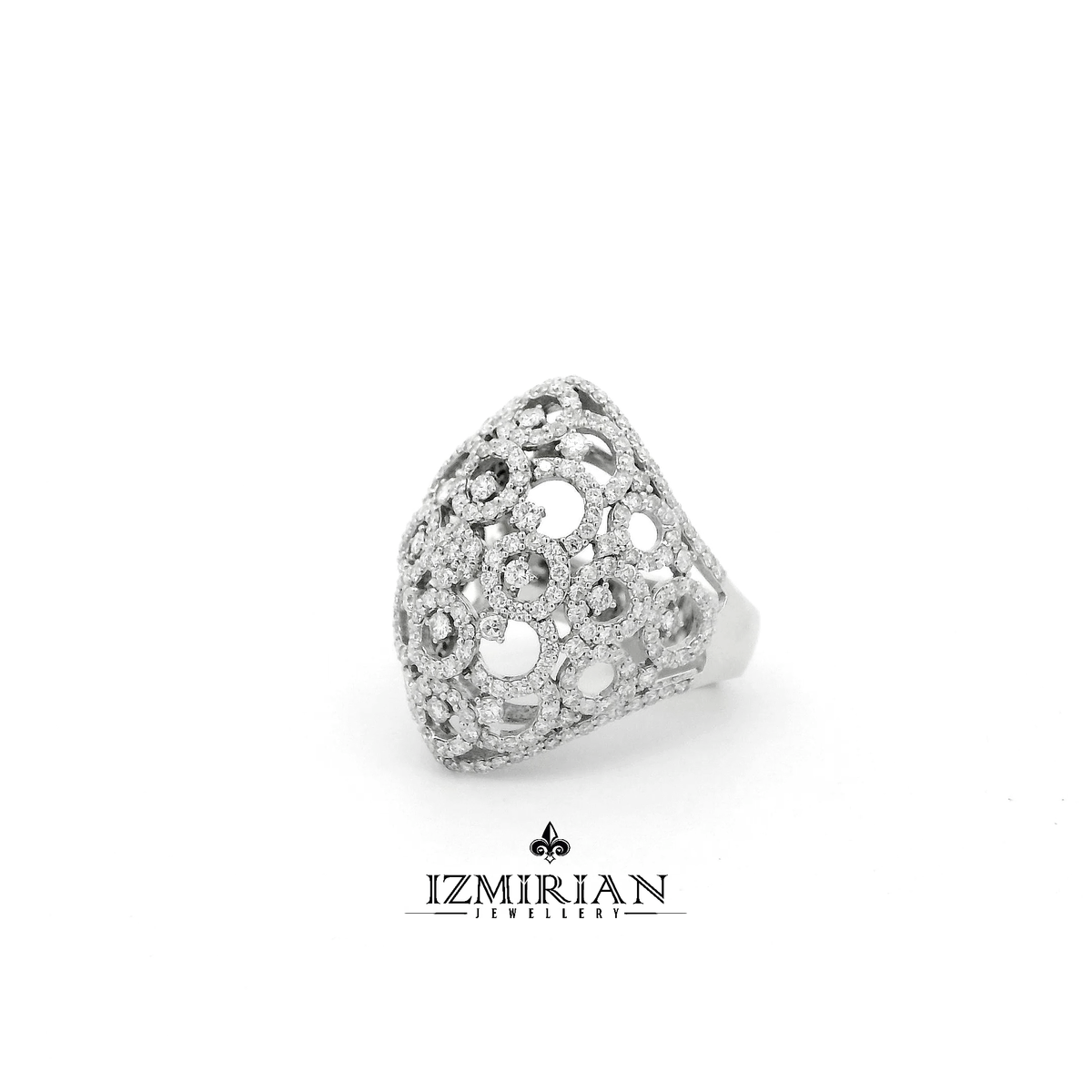 Angled view of openwork diamond dome ring in white gold