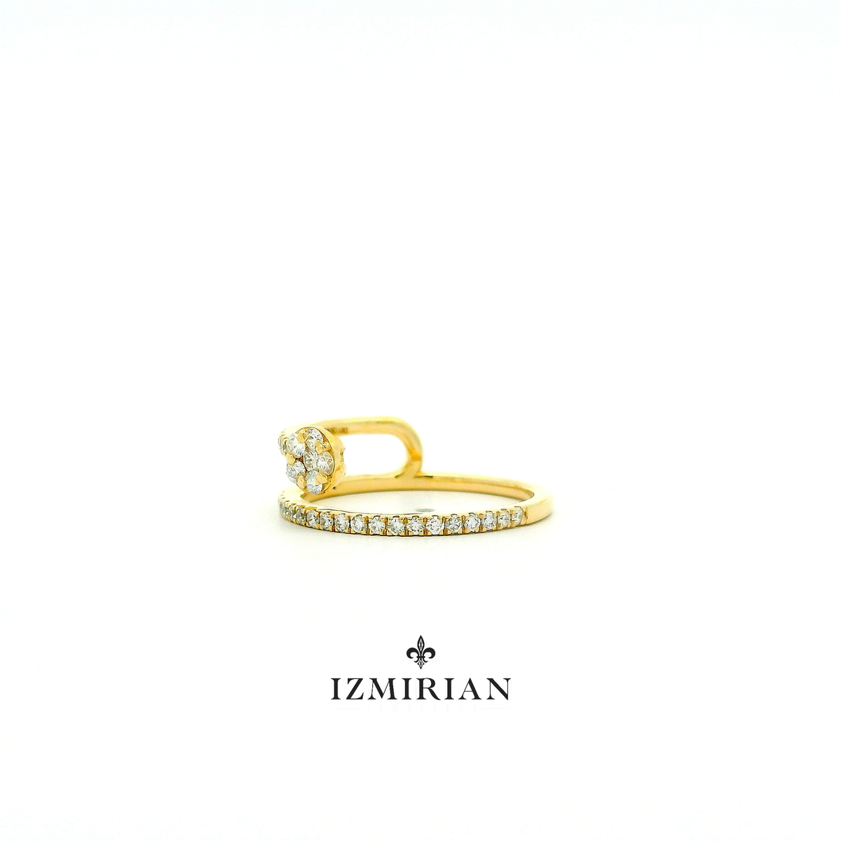 Angled view of pavé diamond open ring in yellow gold
