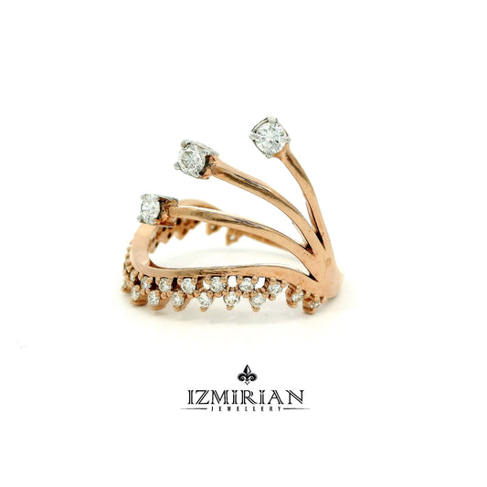 Angled view of rose gold open ring with diamond wrap design
