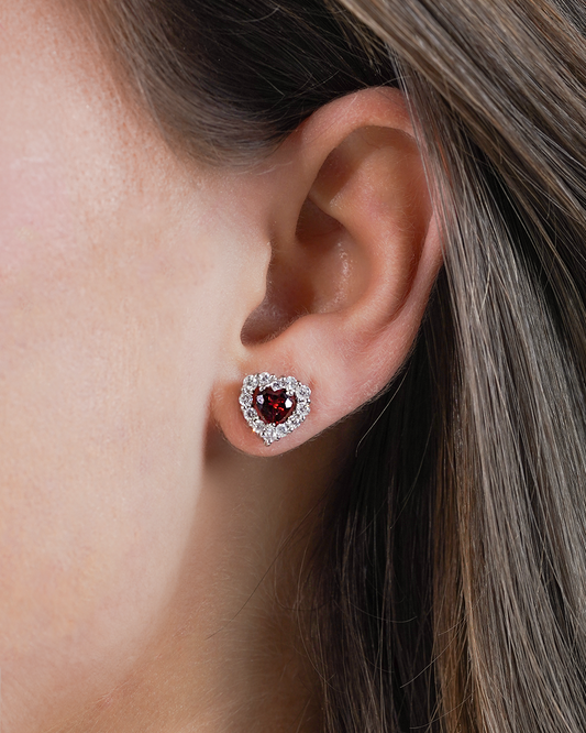Heart Garnet Diamond Stud Earrings