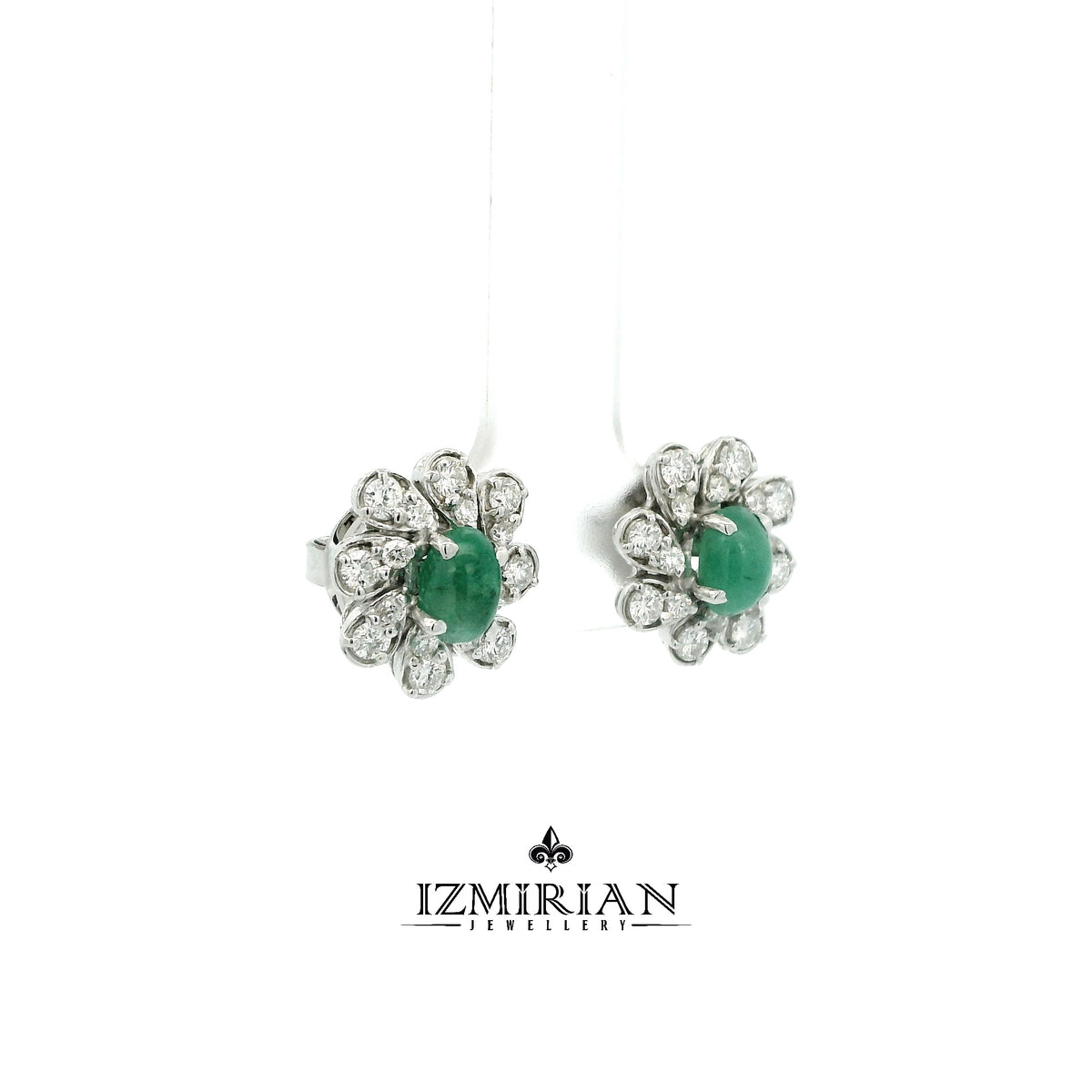 Emerald Cabochon Floral Diamond Studs