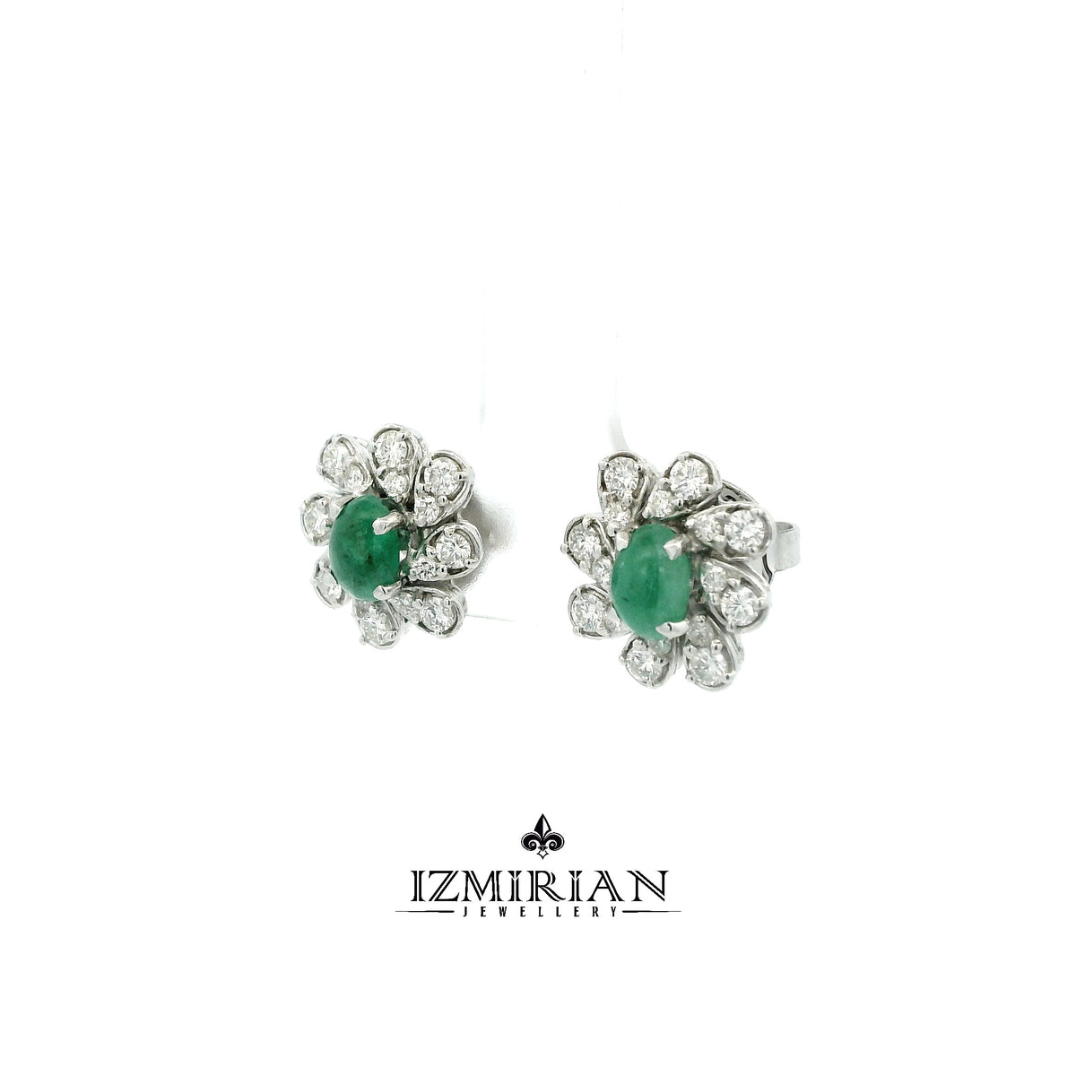 Emerald Cabochon Floral Diamond Studs