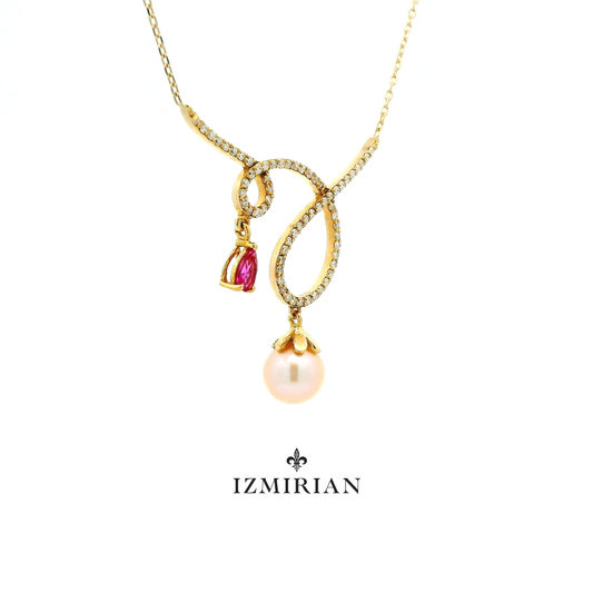 Pearl and Ruby Drop Pavé Swirl Necklace