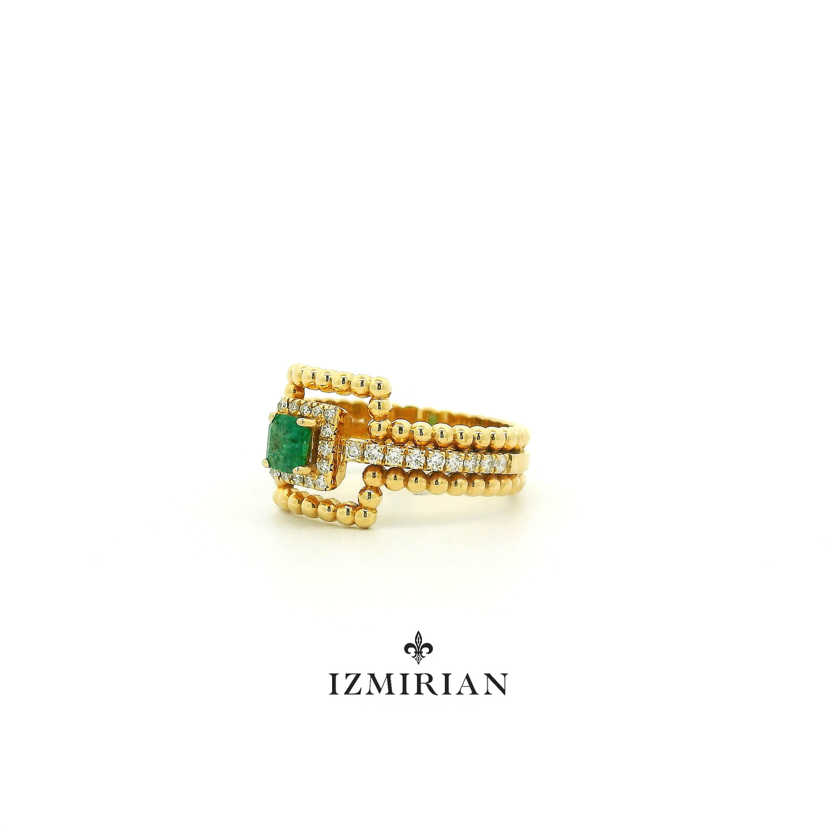Emerald Beaded Halo Diamond Ring