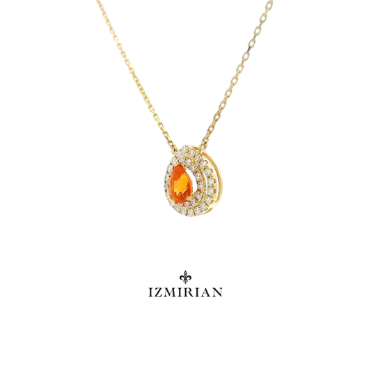 Vivid Orange Pear Sapphire Diamond Necklace
