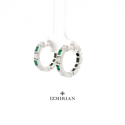 Emerald Huggie Diamond Hoop Earrings
