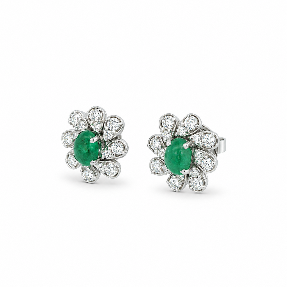 Emerald Cabochon Floral Diamond Studs