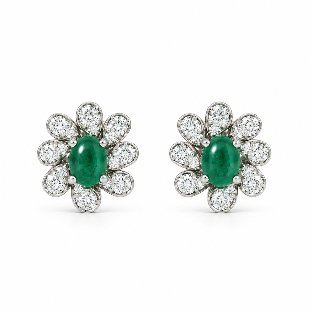 Emerald Cabochon Floral Diamond Studs