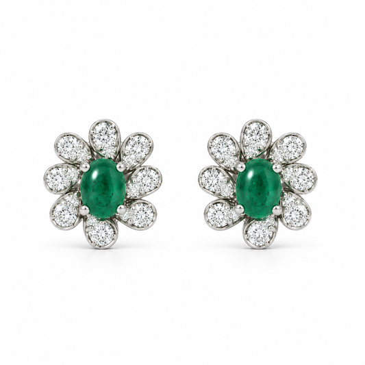 Emerald Cabochon Floral Diamond Studs