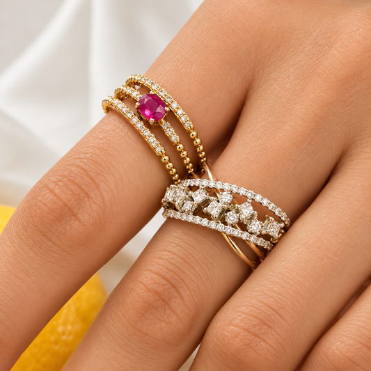 Three Row Ruby Diamond Ring