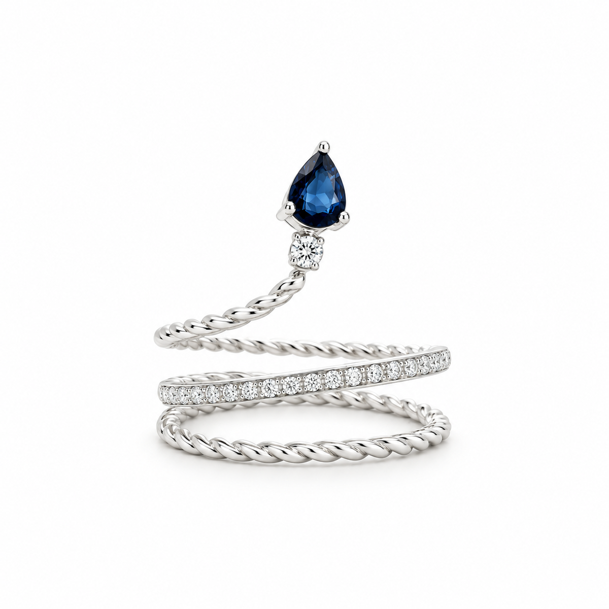 Pear Sapphire Spiral Pavé Diamond Ring