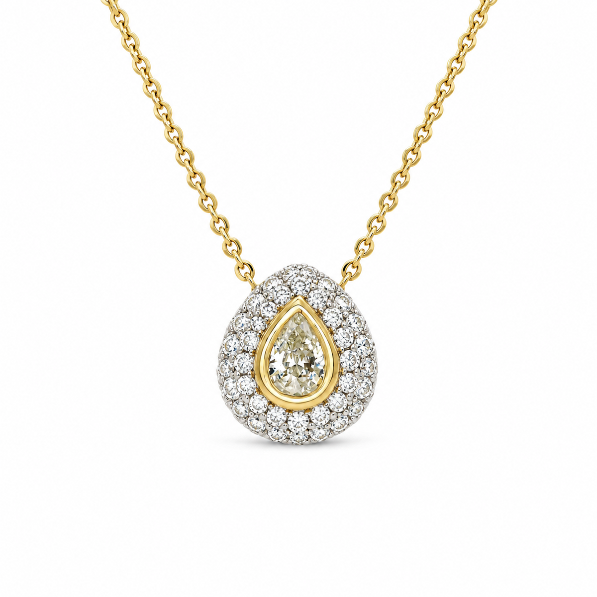 Pavé Teardrop Diamond Necklace in yellow and white gold