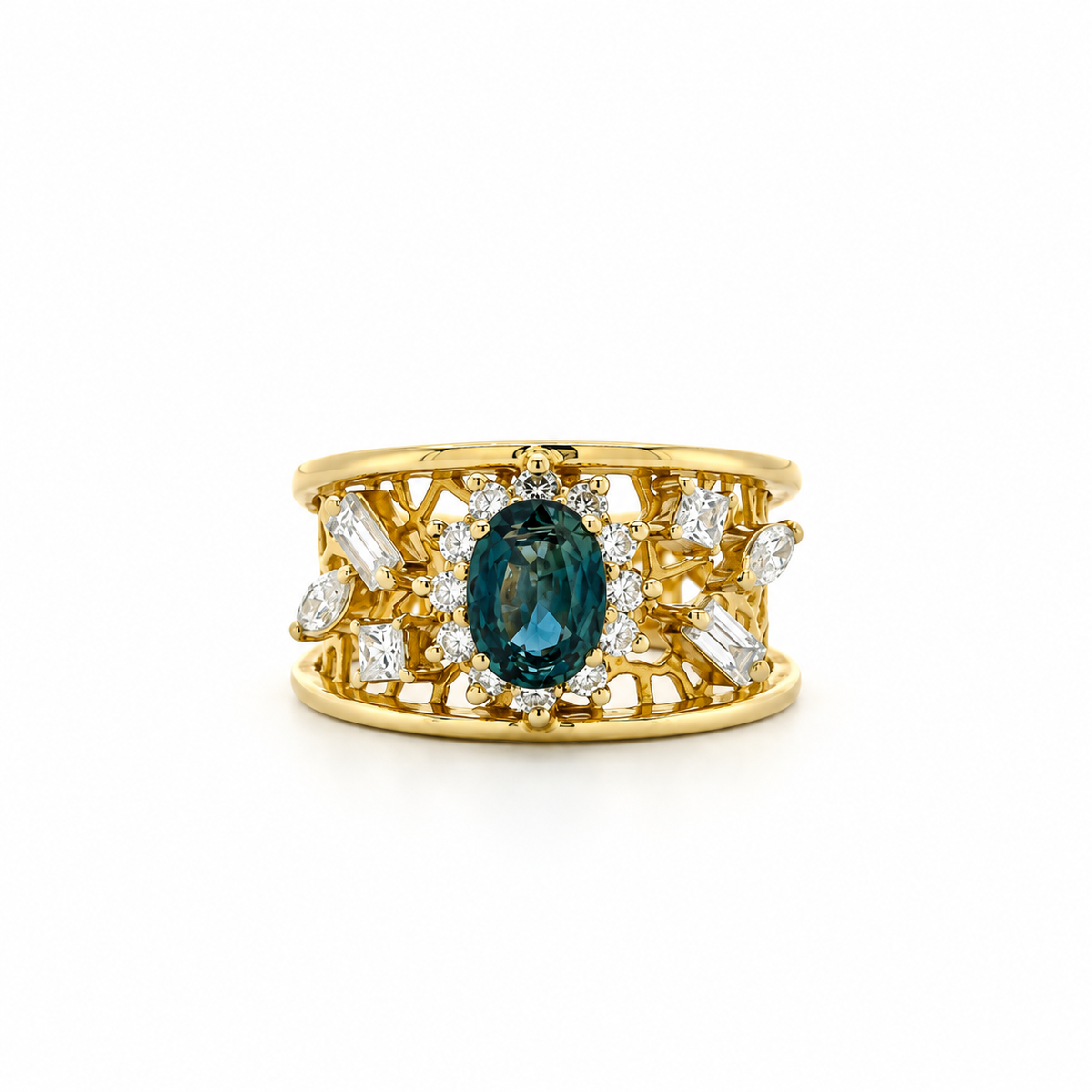 Artisanal Sapphire Lattice Diamond Ring