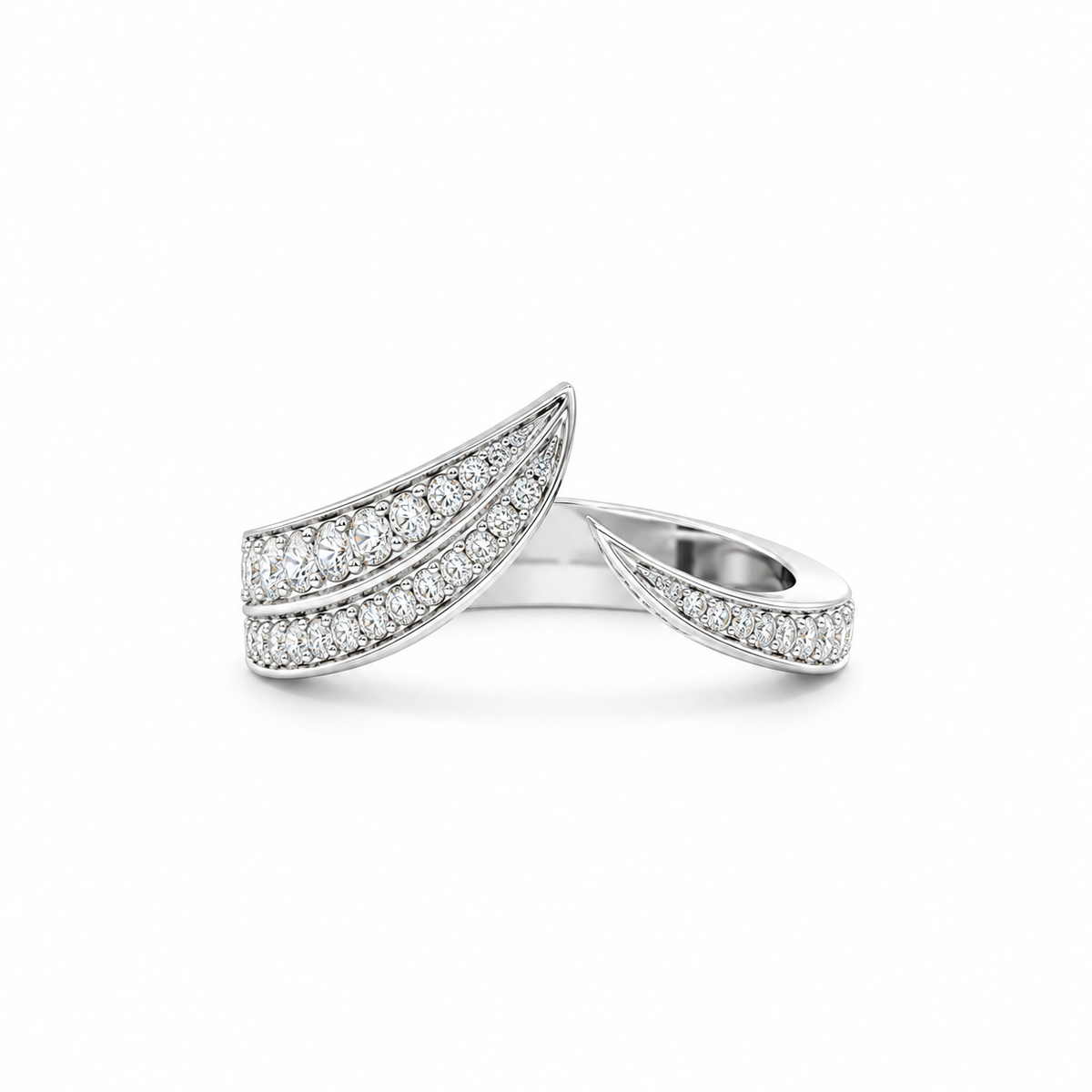 A silver-toned wrap ring featuring pavé-set clear stones along two curved leaf-like bands, shown on a clean white background.