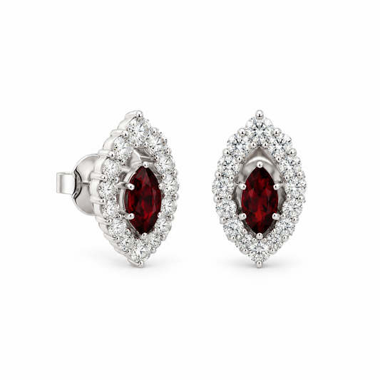 Garnet Halo Stud Diamond Earrings