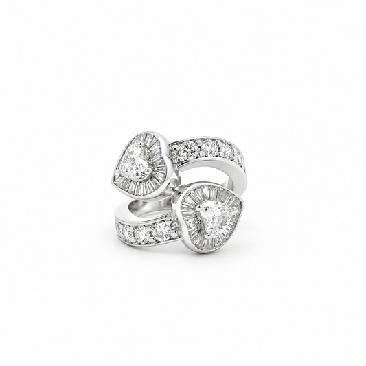 Double Heart Baguette Diamond Wrap Ring