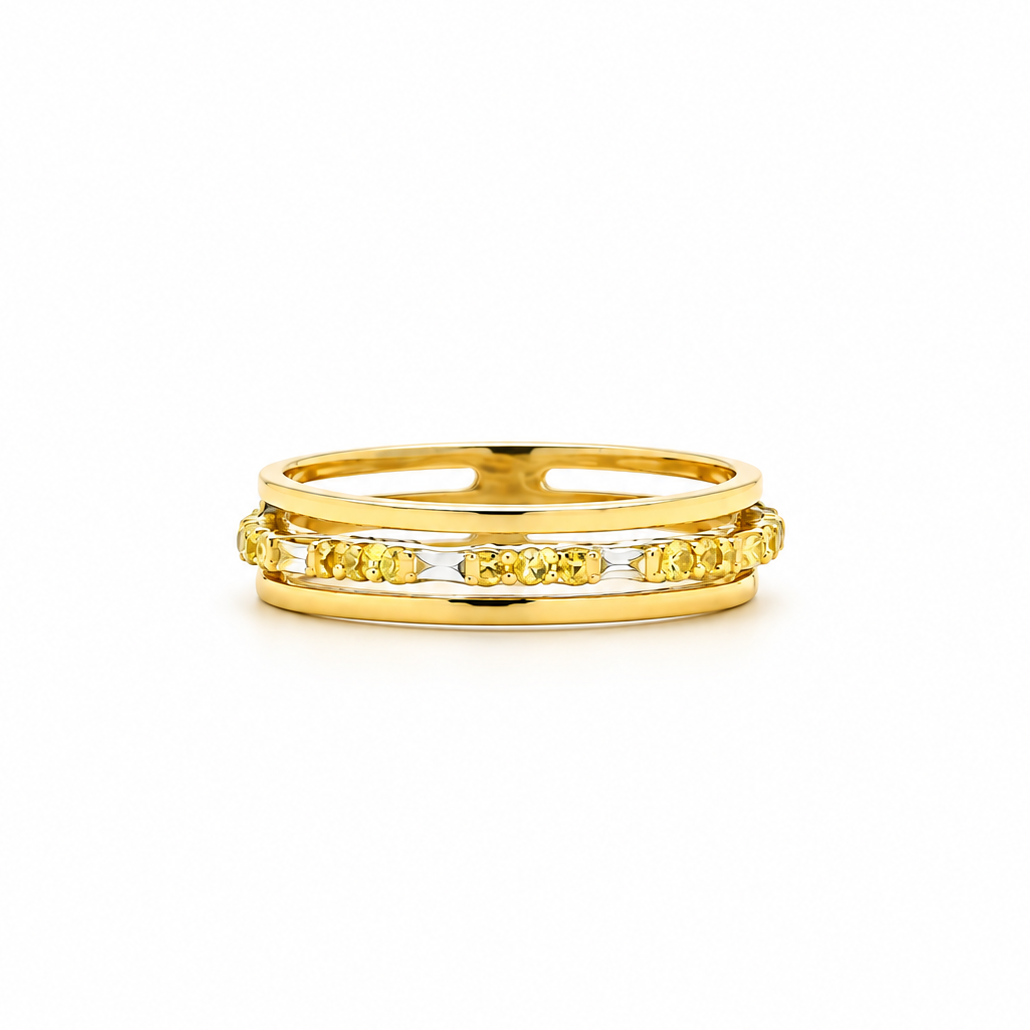 A double-band yellow gold ring featuring a top band with round yellow gemstones and a bottom band with a channel of clear stones, set against a plain white background.